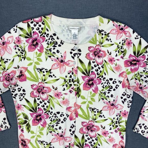 Harold’s Silk Sweater Womens Medium Cream Pink Floral Elegant Vintage Cardigan - Picture 3 of 16